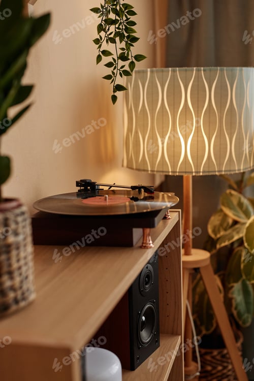 Preview: Vinyl Record Player on Wooden Shelf in Cozy Home
