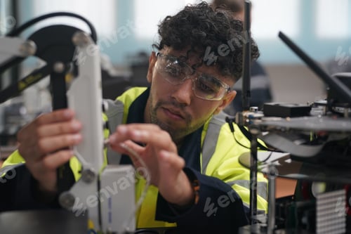Preview: Robotics control engineers setting programming of control panel for industrial robot arm