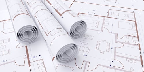 Preview: House floor plan, construction concept. Architecture blueprint drawings background, above view. 3d