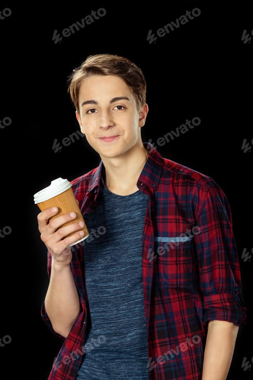 Preview: teen boy with cup of coffee to go isolated on black