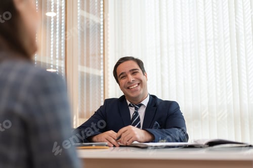 Preview: Smiling male manager enjoy talking with colleague