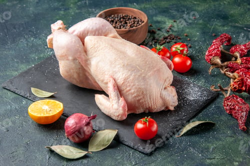 Preview: front view fresh raw chicken with tomatoes on dark background meal animal photo food color chicken
