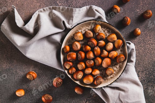 Preview: Fresh ripe hazelnuts in shells on a plate on the table top view