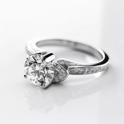 Preview: Close-up shot of a beautiful diamond engagement ring resting on a white surface.