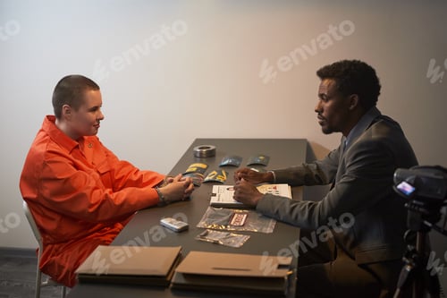 Preview: Young Woman in Prison Uniform Talking with Black Man during Interrogation