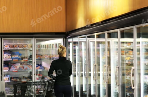 Preview: Woman Choosing Frozen Food From A Supermarket Freezer. Purchasing A Packet Of Meat At The
