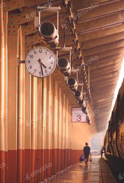 Preview: Hanging wall clock and loudspeaker with blur background of passenger on platform at train station