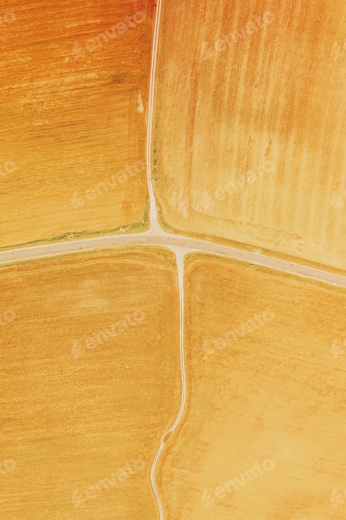 Preview: yellow Clusters Of Agricultural Fields Sown With Different Crops. Aerial View country road through