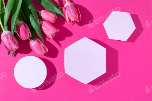 Preview: Pink podium for product display on pink with tulips flowers in hard light