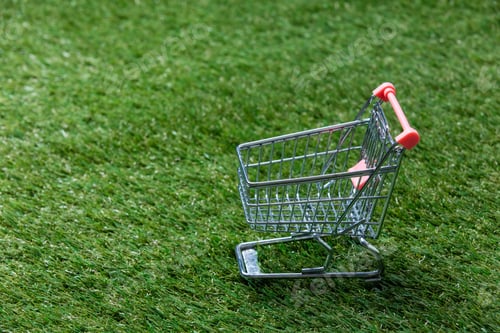 Preview: Self-service supermarket shopping trolley cart on spring or summer green grass lawn background