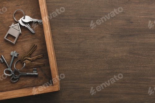 Preview: Many different keys on wooden tray