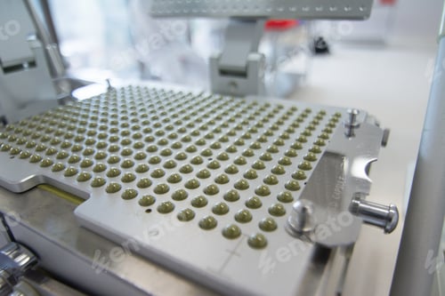 Preview: Closeup shot of medical pills in the production line