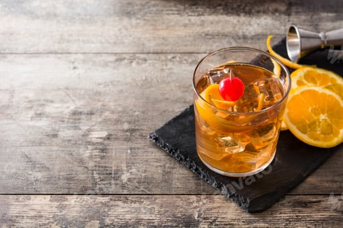 Preview: Old fashioned cocktail with orange and cherry