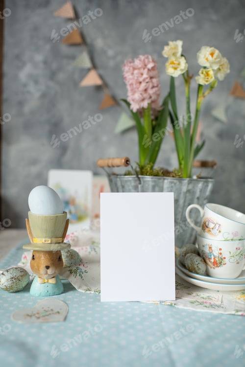 Preview: Postcard mockup on Easter background, pastel colors, mockup card
