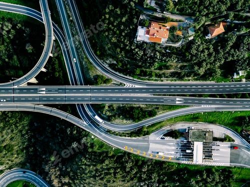 Preview: Aerial view of highway, expressway and motorway with a toll payment point in Italy