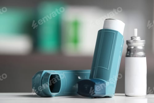 Preview: Asthma inhalers on table against blurred background. Space for text