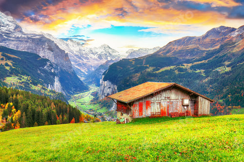 Preview: Scenic autumn view of picturesque alpine Wengen village and Lauterbrunnen Valley