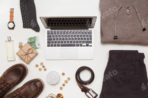 Preview: Top view of men clothes and accessories on white background