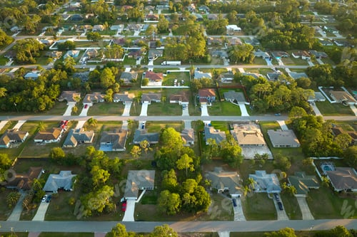 Preview: Aerial view of suburban landscape with private homes between green palm trees