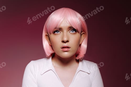 Preview: Portrait of a young woman with a pink bob