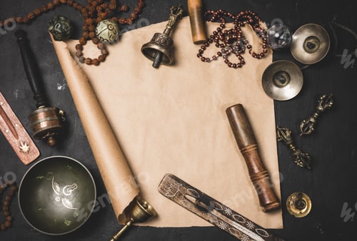 Preview: Religious objects for prayer and meditation, with a sheet of brown paper in the middle for writing.