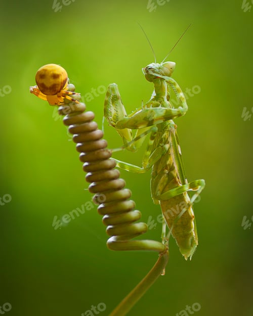Preview: Mantis or Praying Mantis Religiosa with Yellow Spider