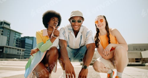Preview: Portrait, fashion and friends in city, culture and confidence with urban town, smile and gen z. Fac