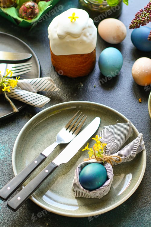Preview: Easter Cake And Eggs Festive Table Setting Cutlery And Bunny Decor Festive Sweet Treat Holiday On