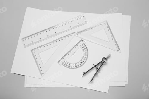 Preview: Flat lay composition with different rulers and compass on light grey background