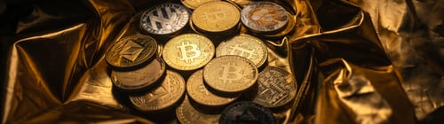 Preview: Cryptocurrency coin and bitcoin on golden background