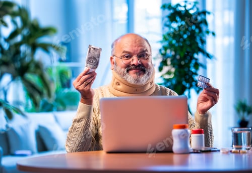 Preview: Senior Indian man finds discount on medicine via online shopping at home
