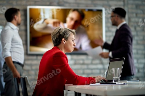 Preview: Female Entrepreneur Using Laptop While Having Business Meeting With Her Colleague In The Office.