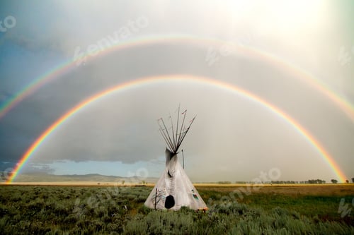 Preview: White conical tent resembling a tipi against the rainbow background