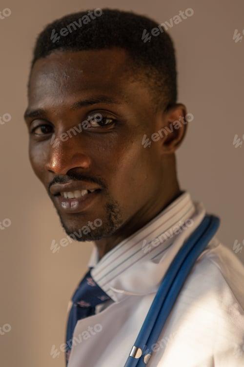 Preview: Handsome Guy Doctor In White Lab Coat With Stethoscope On White Background
