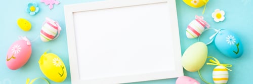 Preview: Easter background with Eggs, rabbit and spring flowers at blue background.