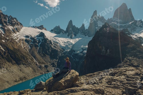 Preview: girl posing close to fitzroy mountain in pantagonia