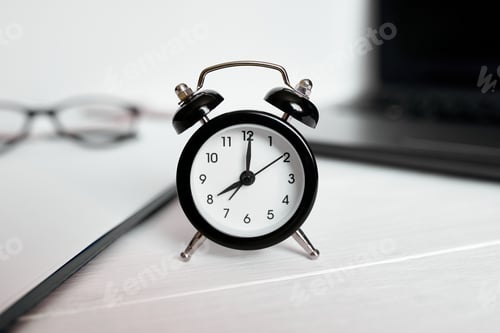 Preview: Time management concept, office workplace, notebook, computer