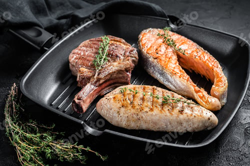 Preview: Grilled steaks. Beef rib eye, salmon and Turkey breast. Organic fish, poultry and beef meat