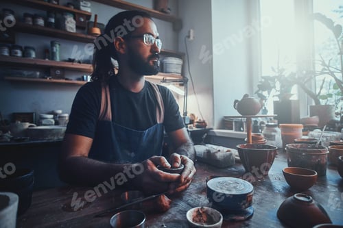 Preview: Pensive artist at his own pottery studio is workig for new project.