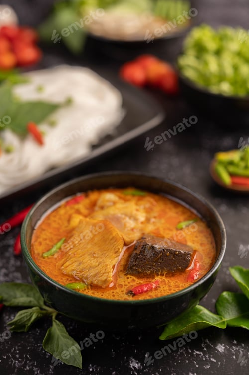 Preview: Chicken curry in a black cup with rice noodles.