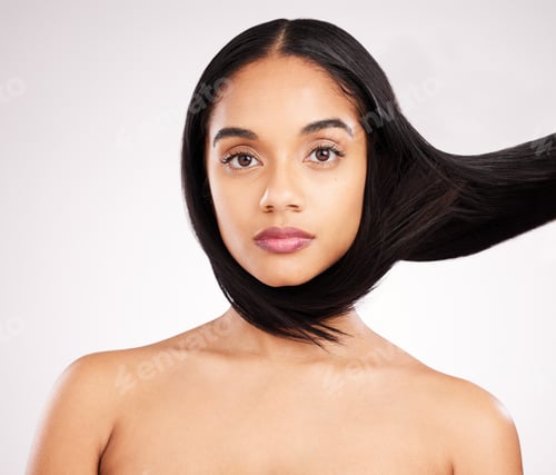 Preview: Beauty, hairstyle and portrait of woman in studio for shampoo, confidence and keratin treatment. Te