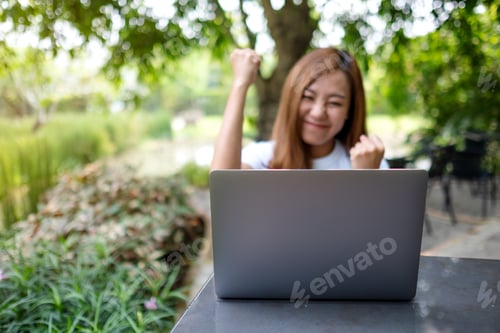 Preview: A young asian woman celebrating success while working on laptop computer in the outdoors