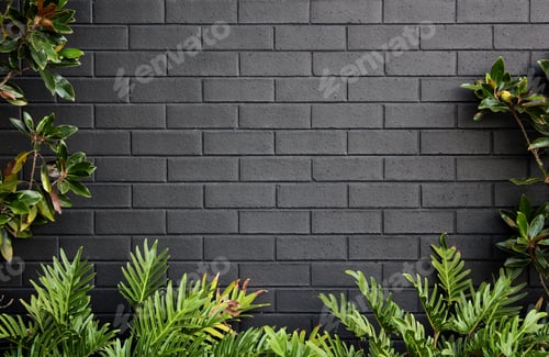 Preview: Black brick wall with a natural green foliage border