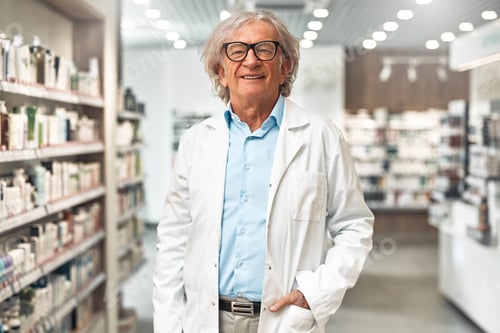 Preview: Senior pharmacist in white coat at pharmacy