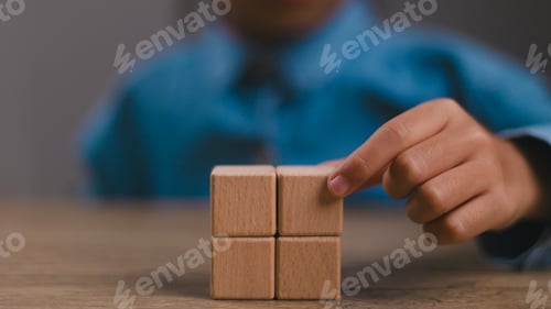 Preview: Blank wooden cubes on the table with copy space, empty wooden cubes for input wording, infographic