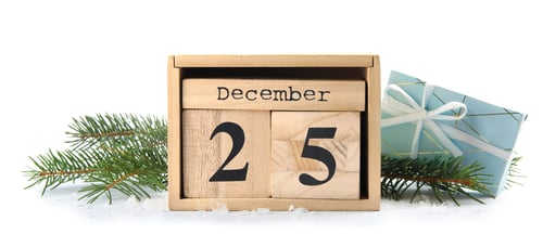 Preview: Wooden block calendar, fir branches and gift box on white background