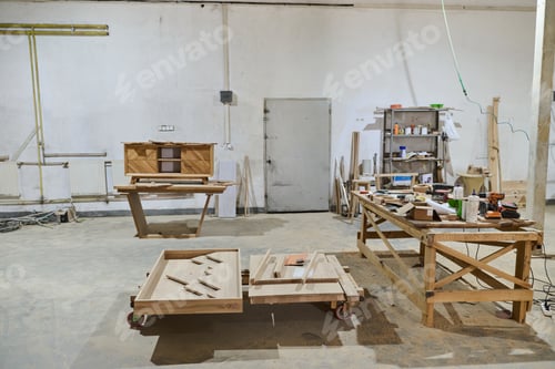 Preview: Interior of Wood Processing Industry Featuring CNC Cutting Machines and Wood Processing Equipment