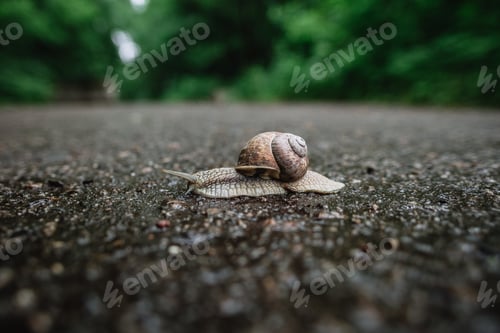 Preview: Snail on the asphalt road on blurry background