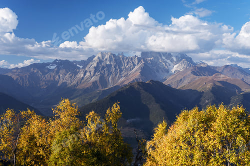 Preview: Autumn Landscape with Birch Forest and Mount Ushba, Svaneti, Georgia