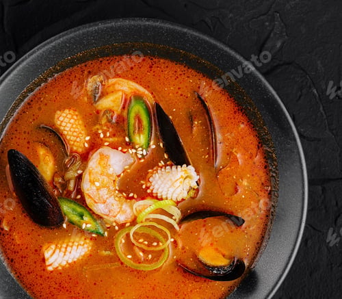 Preview: Spicy seafood soup on dark background
